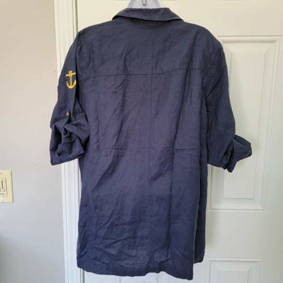 Jessica London Linen Blend Women's Roll Tab Navy Blue Gold Anchor Button Down 14 - Picture 7 of 12